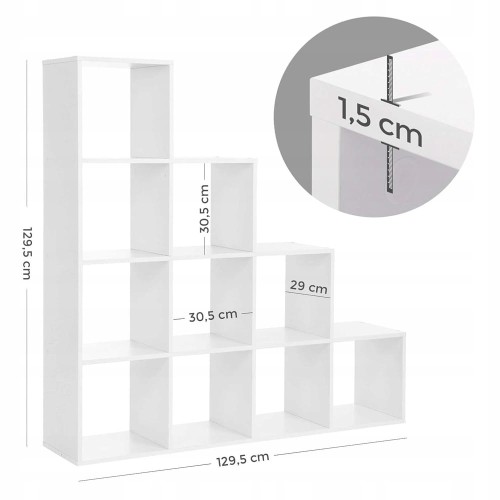 Wymiary regału: 129,5 x 29 x 129,5 cm (szerokość x głębokość x wysokość). Odległość między półkami: 30,5 cm.