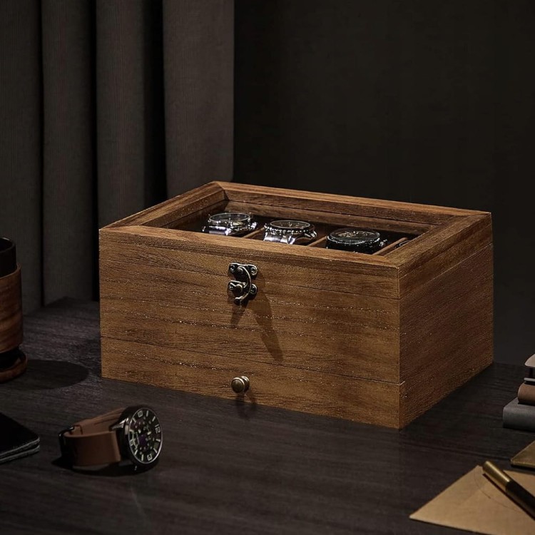 Ekskluzywna drewniana szkatułka SONGMICS do przechowywania zegarków i biżuterii – model UJOW008K01 w kolorze rustic walnut.