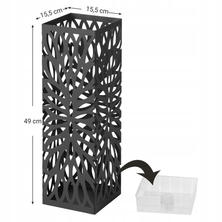 Czarny stojak na parasole Songmics — 15,5 × 15,5 × 49 cm z ociekaczem.