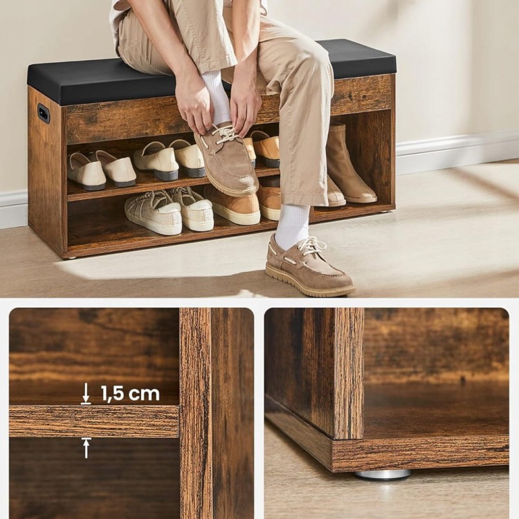 Wytrzymała półka na buty, wykonana z płyty MDF o grubości 1,5cm. Siedzisko gwarantuje wygodę podczas siedzenia.