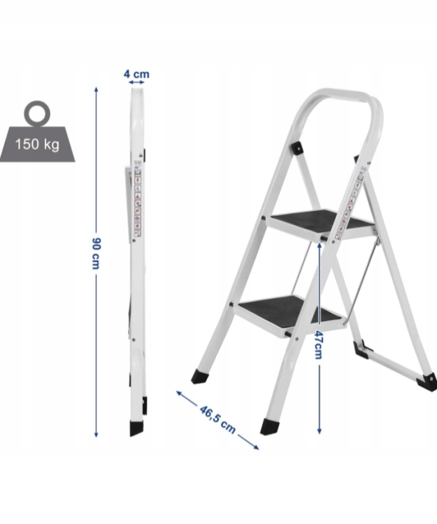 Składana drabina dwustopniowa o wymiarach i nośności 150 kg i wymiarach 90 cm  4 cm 46,5 cm 47 cm