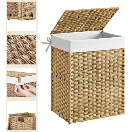 Kosz na pranie z wikliny, z pokrywą i uchwytami, umieszczony na jasnym tle.