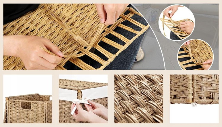 Seria zdjęć ilustrujących proces tworzenia koszyka z wikliny.