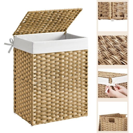 Kosz na pranie z wikliny, z pokrywą i uchwytami, umieszczony na jasnym tle.