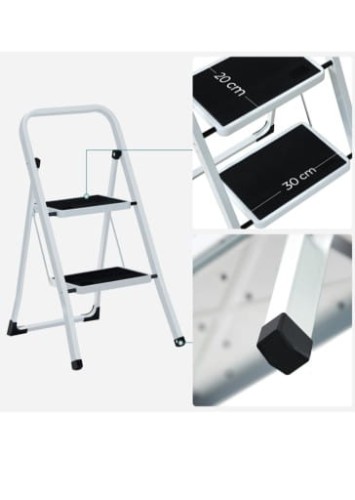 Drabina stopniowa w czarno-białym wzorze, ustawiona na białym tle z podanymi wymiarami schodków.