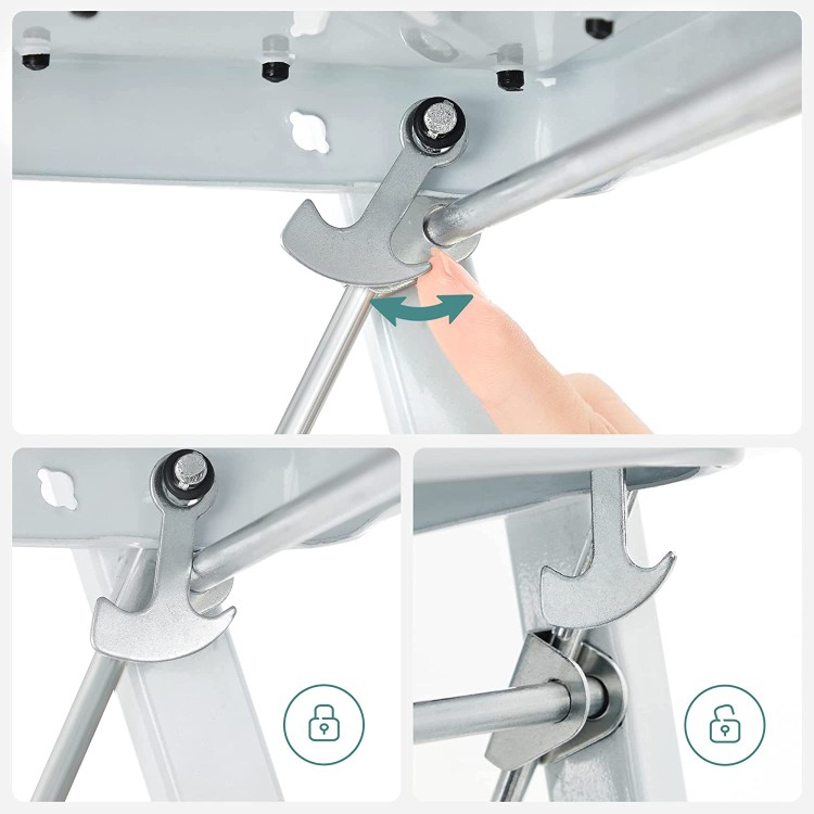 Regulowana drabina stopniowa z widoczną rączką i śrubą do regulacji.