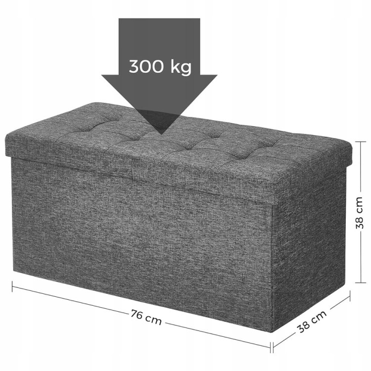 Wymiary szarej pufy 76x38x38 cm oraz maksymalnym udźwigiem 300kg.