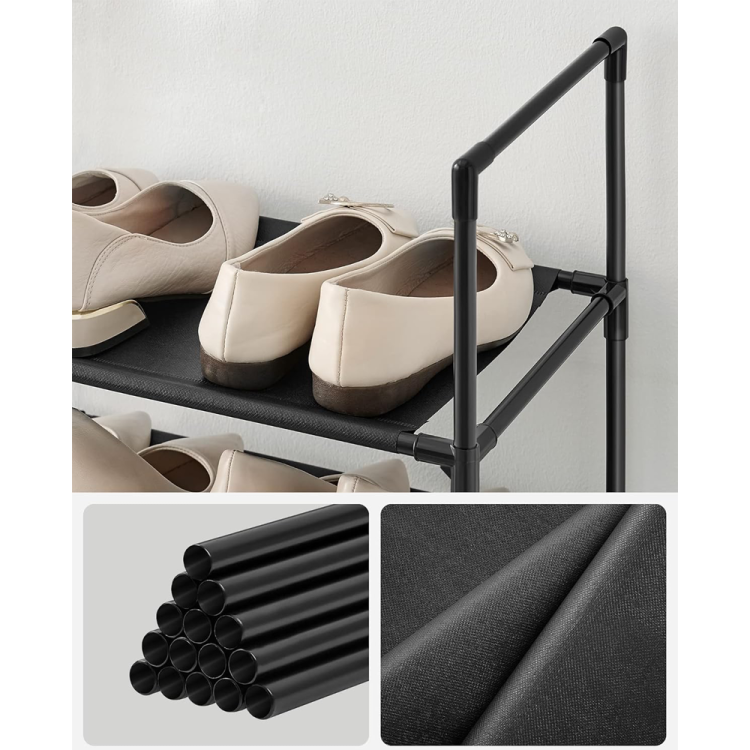 Modułowa czarna szafka na buty podzielona na dwie stojące obok siebie i elementami montażu.