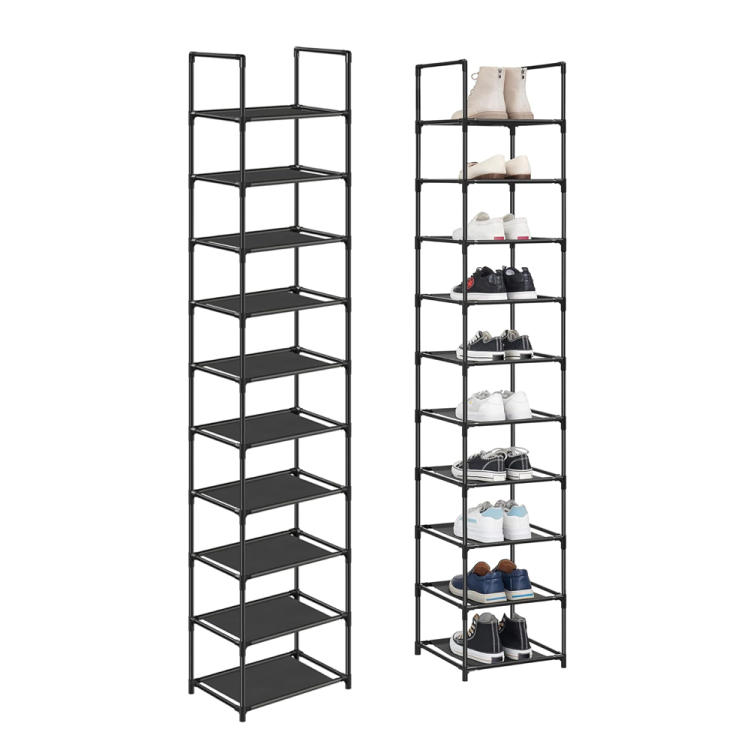 Modułowa czarna szafka z butami na każdej półce ustawiona w lewą stronę.