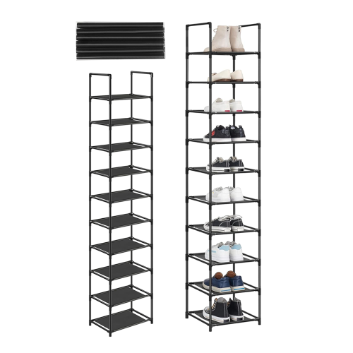 Modułowa czarna szafka z butami na każdej półce ustawiona w prawą stronę.