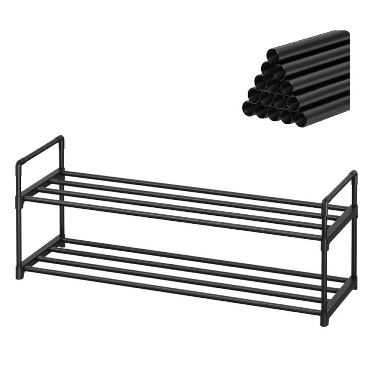 Czarna szafka stojak na buty 2 poziomowy oraz elementami montażu.