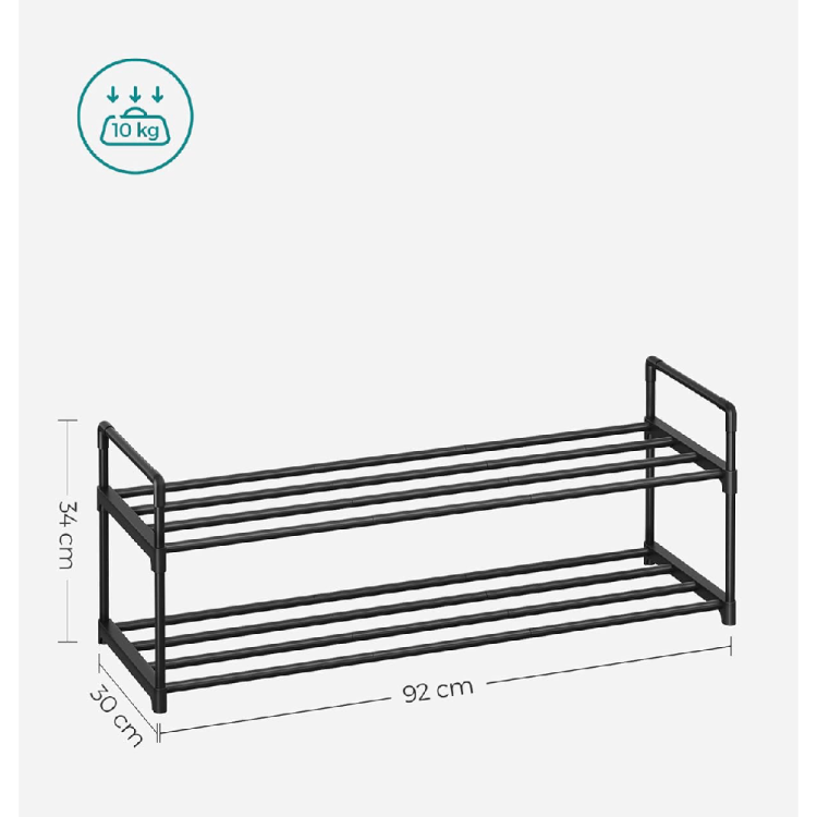 Czarna szafka stojak na buty 2 poziomowy o wymiarach 34x92x30 cm.