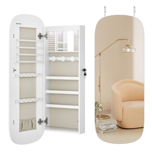 Wisząca biała szafka na biżuterię z lustrem i oświetleniem LED.