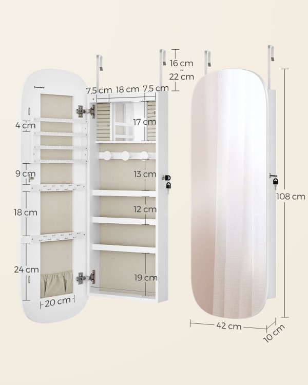 Lustro z szafką obok i podanych wymiarach Wysokość całkowita: 108 cm Szerokość całkowita: 42 cm Głębokość całkowita: 10 cm.