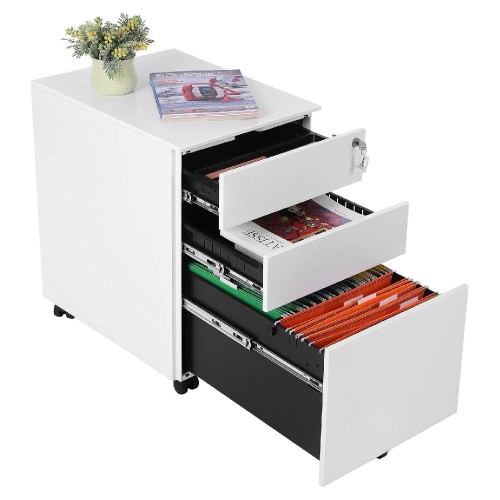 Biała szafka biurowa otwierana która pokazuje pojemność zawartości.