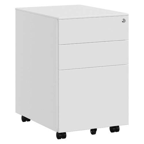 Biała szafka biurowa na kółkach.