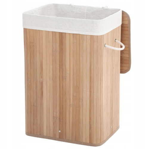 Kosz na pranie z solidną pokrywą bambusową, która skutecznie maskuje zawartość i chroni przed nieprzyjemnymi zapachami.