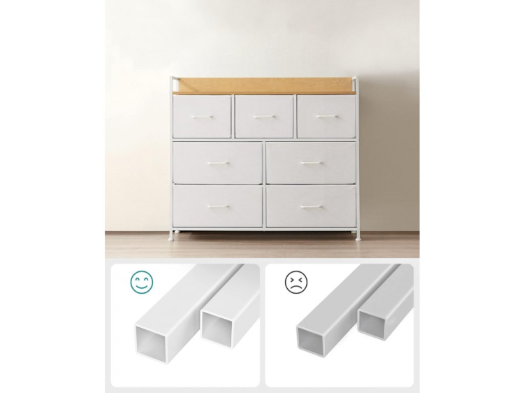 Wzmocniona konstrukcja stalowa. Nasza komoda posiada grubszą ramę, co gwarantuje większy udźwig i brak chwiania się mebla.