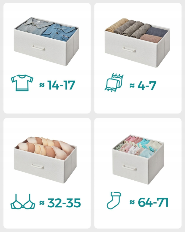 Organizer do ubrań – infografika przedstawiająca dużą pojemność szuflad. Komoda pomieści dziesiątki sztuk bielizny, koszulek i spodni, ułatwiając segregację garderoby.