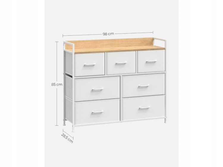 Wymiary białej komody z 7 szufladami. Sprawdź dokładne gabaryty, aby idealnie dopasować mebel do swojego przedpokoju lub sypialni.