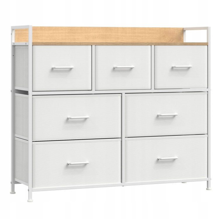 Nowoczesna biała komoda do sypialni z siedmioma szufladami. Stabilna metalowa konstrukcja z blatem w kolorze jasnego dębu. Idealna do przechowywania ubrań i organizacji wnętrz.