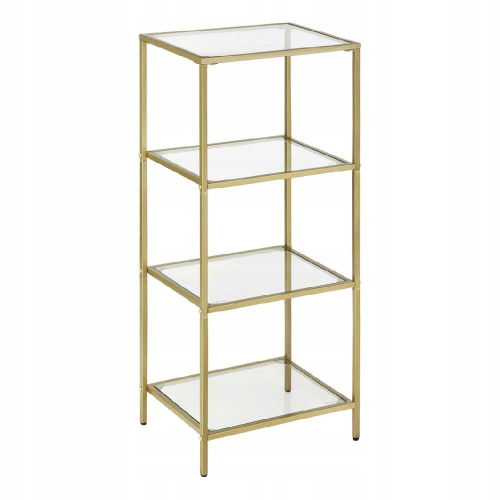 Elegancki złoty regał szklany do salonu. Konstrukcja z hartowanego szkła i metalu w kolorze złotym zapewnia luksusowy wygląd i trwałość.