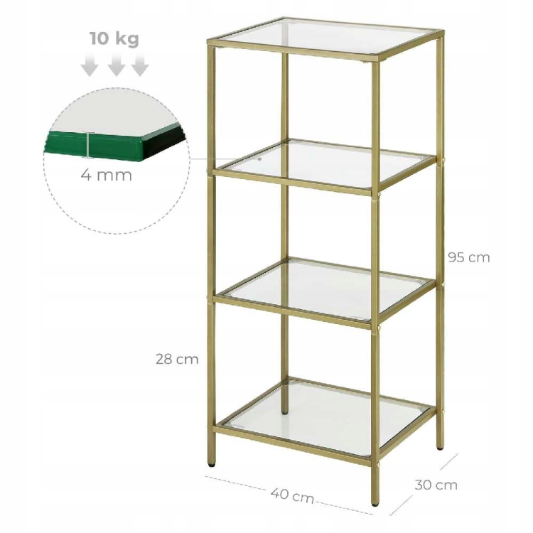 Wymiary złotego regału 4-poziomowego. Sprawdź wysokość i szerokość półek, aby dopasować mebel do swojej wnęki.