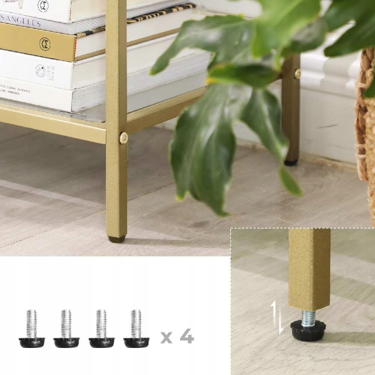 Regał z regulowanymi nóżkami zapobiegającymi rysowaniu podłogi. Stabilna metalowa rama gwarantuje bezpieczeństwo użytkowania.