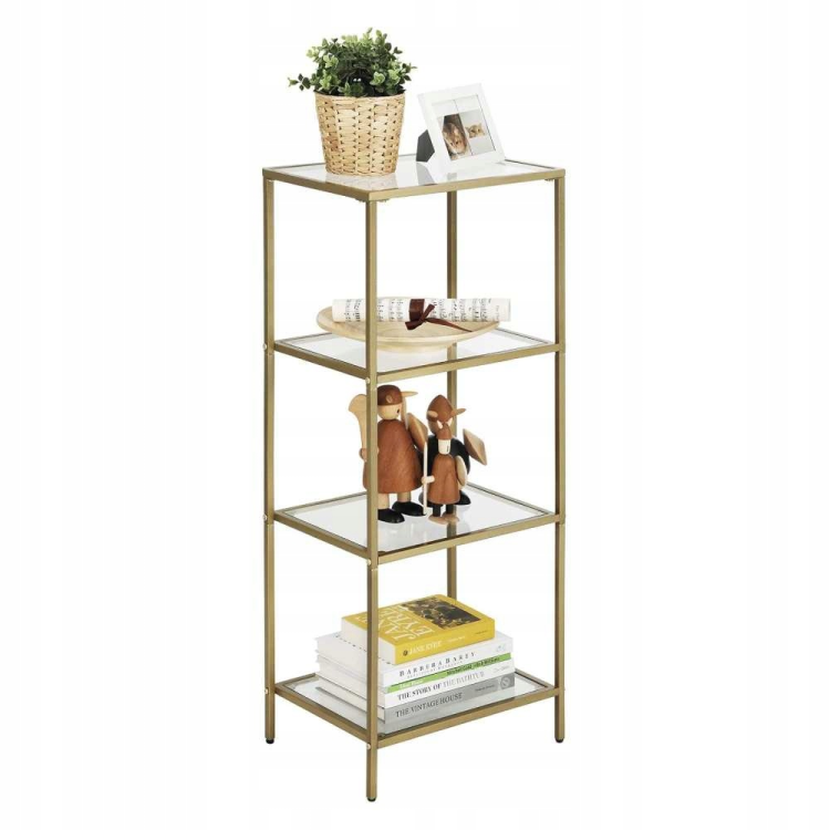 Stylowa biblioteczka na książki i dekoracje. Złoty mebel typu etagere idealnie eksponuje akcesoria domowe, dodając wnętrzu blasku.