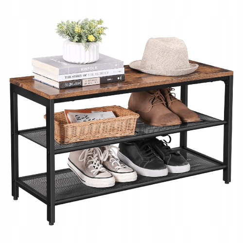 Funkcjonalny regał na buty z siedziskiem. Metalowe półki z siatki zapewniają cyrkulację powietrza dla obuwia, a górny blat służy jako wygodne miejsce na akcesoria lub torebkę.