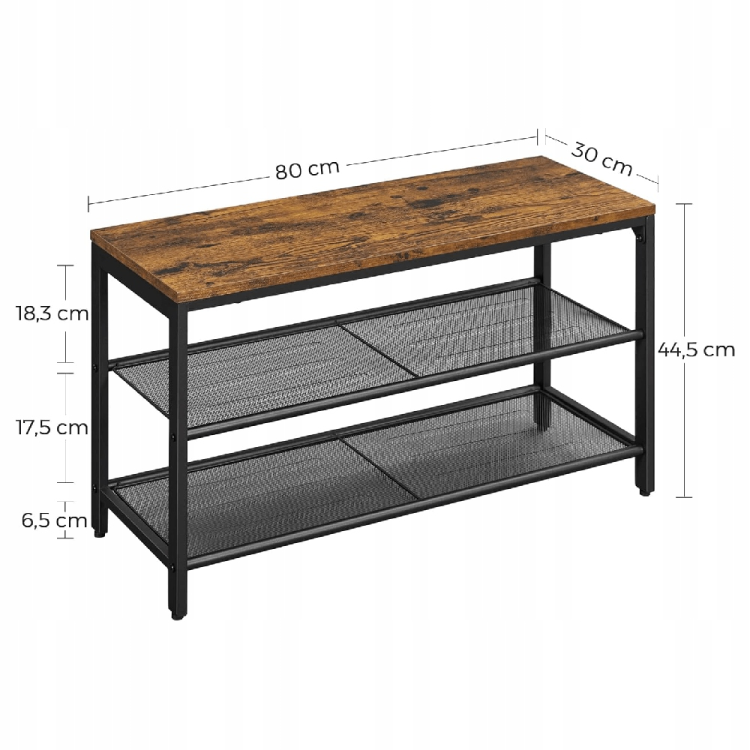 Kompaktowa szafka na buty w stylu loft. Wyposażona w solidny blat w kolorze rustykalnego brązu oraz metalowe półki, idealna do małego przedpokoju.