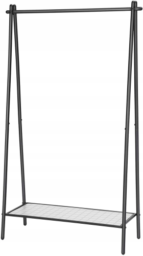 Nowoczesny stojak na ubrania w stylu industrialnym. Wykonany z trwałej stali malowanej proszkowo na czarno, wyposażony w drążek na wieszaki oraz praktyczną dolną półkę na obuwie lub pudełka.