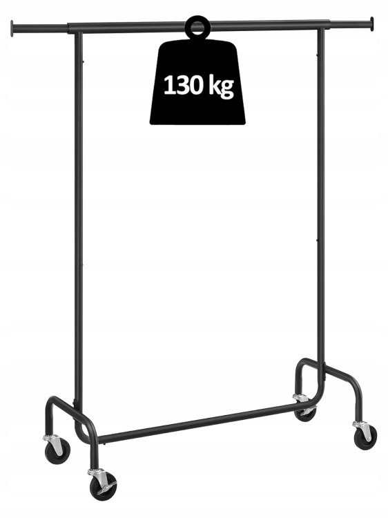 Wytrzymały wieszak na ubrania o udźwigu do 130 kg. Wzmocniona stalowa rura pozwala na bezpieczne przechowywanie ciężkich płaszczy i zimowych kurtkek.