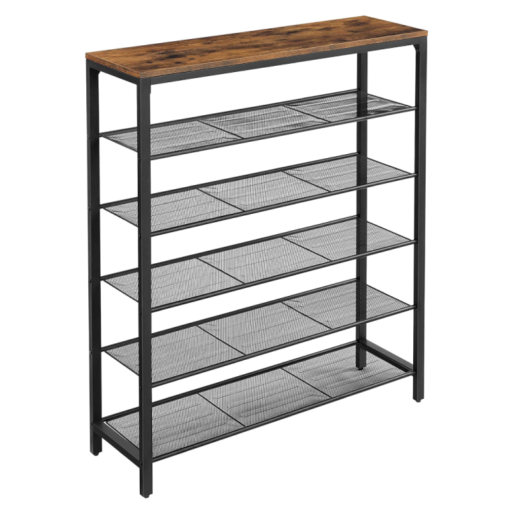 Industrialna szafka na buty typu słupek. Połączenie wytrzymałej stalowej konstrukcji z eleganckim drewnianym blatem, idealne do wąskiego przedpokoju lub garderoby.