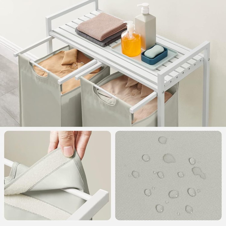 Dwuizbowy sorter na pranie. Dwa niezależne kosze o dużej pojemności umożliwiają wstępną segregację odzieży już na etapie jej wrzucania do kosza, co oszczędza czas przy praniu.