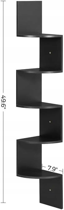 Wysoka półka narożna – wymiary. Smukła konstrukcja o wysokości ponad 126 cm oferuje 5 poziomów do przechowywania, zajmując jedynie 20 cm szerokości ściany w narożniku pokoju.