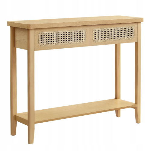 Konsola w stylu boho z rattanem. Połączenie naturalnego wyglądu drewna z plecionką rattanową tworzy stylowy i lekki mebel, który idealnie pasuje do przedpokoju, salonu lub sypialni.