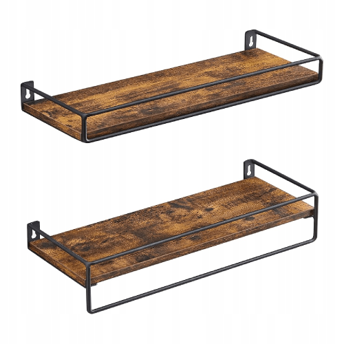 Komplet 2 półek ściennych loft. Połączenie rustykalnego brązu z czarną stalą nadaje wnętrzu surowy, nowoczesny charakter, idealnie pasujący do łazienki, kuchni lub przedpokoju.
