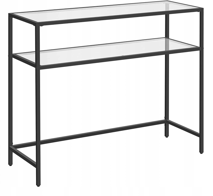 Nowoczesna konsola szklana do przedpokoju. Prosta, geometryczna forma i przezroczyste blaty sprawiają, że mebel wygląda lekko i nie przytłacza wnętrza, idealnie wpisując się w styl nowoczesny oraz loftowy.