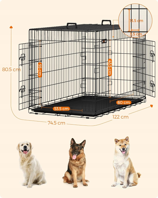 Klatka XXL 122 cm – specyfikacja. Rozmiar idealny dla ras takich jak Owczarek Niemiecki, Golden Retriever czy Labrador, zapewniający im swobodę obracania się i stania.
