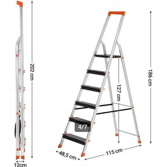 Drabina aluminiowa 186 cm – wymiary. Dzięki możliwości złożenia na płasko, drabina zajmuje minimalną ilość miejsca, co ułatwia jej przechowywanie w wąskich schowkach lub za szafą.