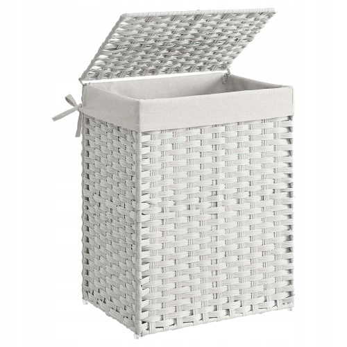 Elegancki kosz na pranie biały rattan 90l. Stylowy i funkcjonalny pojemnik, który dzięki klasycznemu designowi doskonale komponuje się z wystrojem każdej łazienki, sypialni czy pralni.