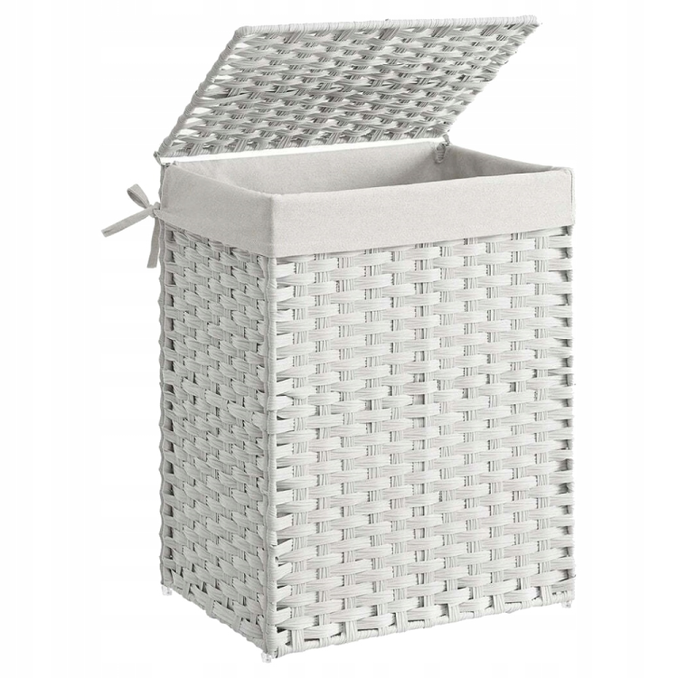 Elegancki kosz na pranie biały rattan 90l. Stylowy i funkcjonalny pojemnik, który dzięki klasycznemu designowi doskonale komponuje się z wystrojem każdej łazienki, sypialni czy pralni.