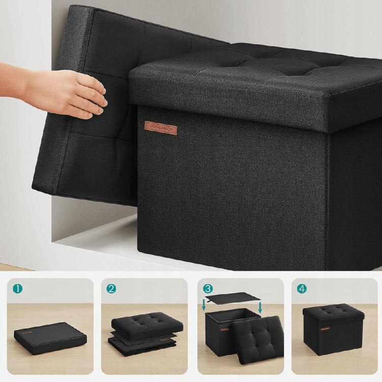 Składana pufa do siedzenia SONGMICS. Dzięki przemyślanej konstrukcji, ławkę można złożyć na płasko w kilka sekund, co ułatwia jej przechowywanie, gdy nie jest używana.