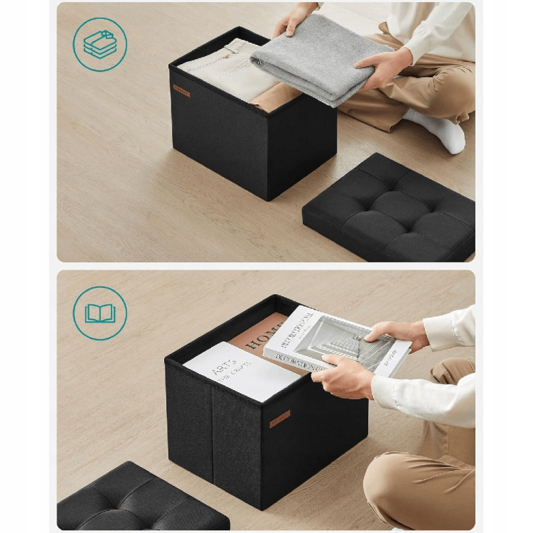 Taboret ze schowkiem na drobiazgi. Ukryty pod pokrywą pojemnik pozwala na estetyczne przechowywanie koców, zabawek lub gazet, pomagając utrzymać nienaganny porządek w pomieszczeniu.