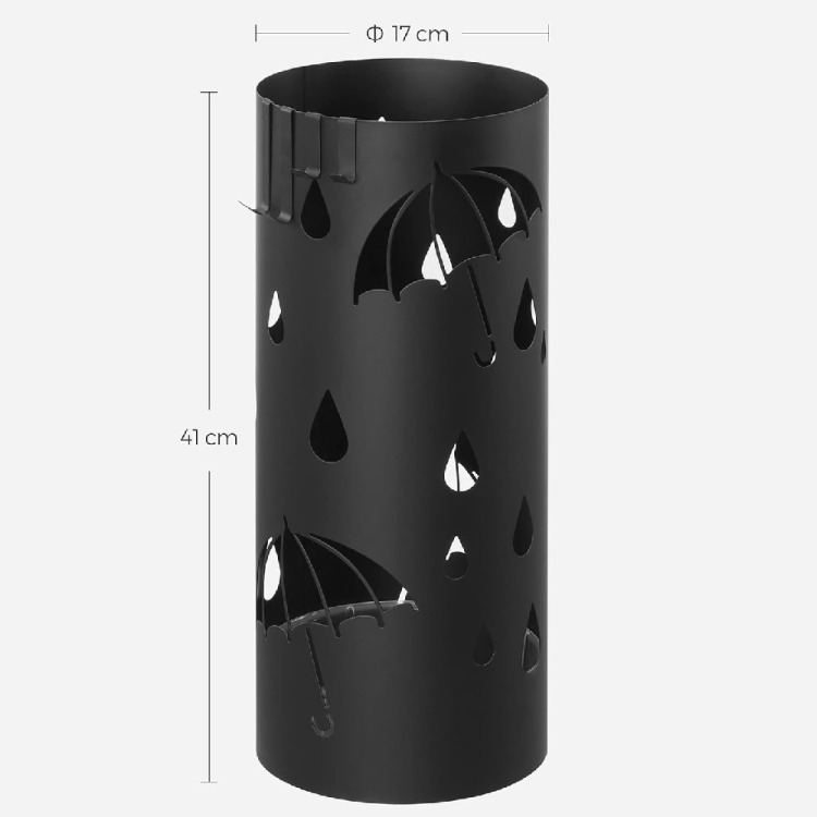 Kompaktowy metalowy stojak na parasole 17x41 cm. Optymalne wymiary sprawiają, że produkt zajmuje niewiele miejsca, mieszcząc się nawet w małych i wąskich korytarzach, jednocześnie pozostając stabilnym punktem oparcia dla długich parasoli.