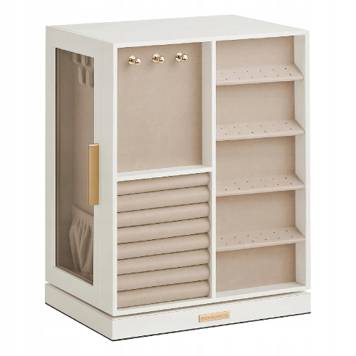 Stylowa szkatułka na biżuterię obracana biała. Ten unikatowy organizer o wysokości 28,5 cm łączy nowoczesny design z funkcjonalnością, oferując łatwy dostęp do Twoich ulubionych dodatków z każdej strony.