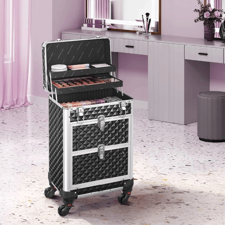 Elegancki kufer kosmetyczny do salonu i w teren. Nowoczesny design walizki doskonale wpisuje się w estetykę profesjonalnych gabinetów, jednocześnie będąc niezawodnym narzędziem pracy u klienta.