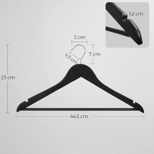 Standardowy wieszak na ubrania 44,5 cm. Optymalne wymiary sprawiają, że wieszaki są idealne do męskich i damskich ubrań, a ich smukły profil pozwala na znaczną oszczędność miejsca na drążku.