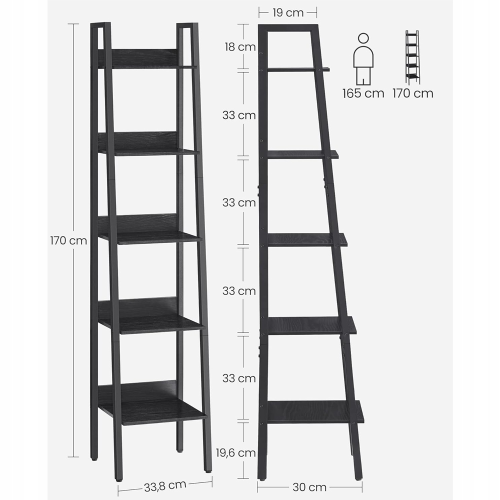 Wąski regał drabinkowy 170 cm czarny. Dzięki kompaktowej szerokości 30 cm, szafka idealnie mieści się w wąskich wnękach, oferując aż 5 poziomów do przechowywania książek lub dekoracji.